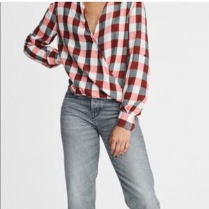 RAG & BONE Camile checkered plaid shirt wrap blouse high low red gray ivory XS